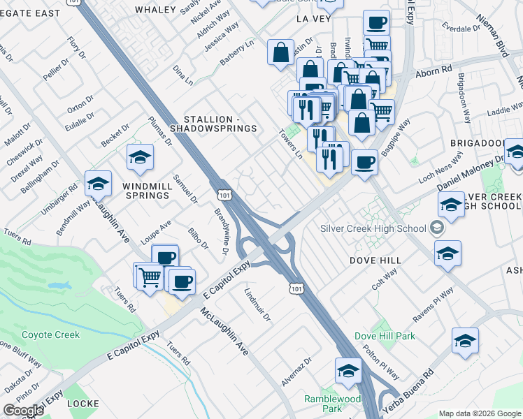map of restaurants, bars, coffee shops, grocery stores, and more near 3310 Shadow Park Place in San Jose