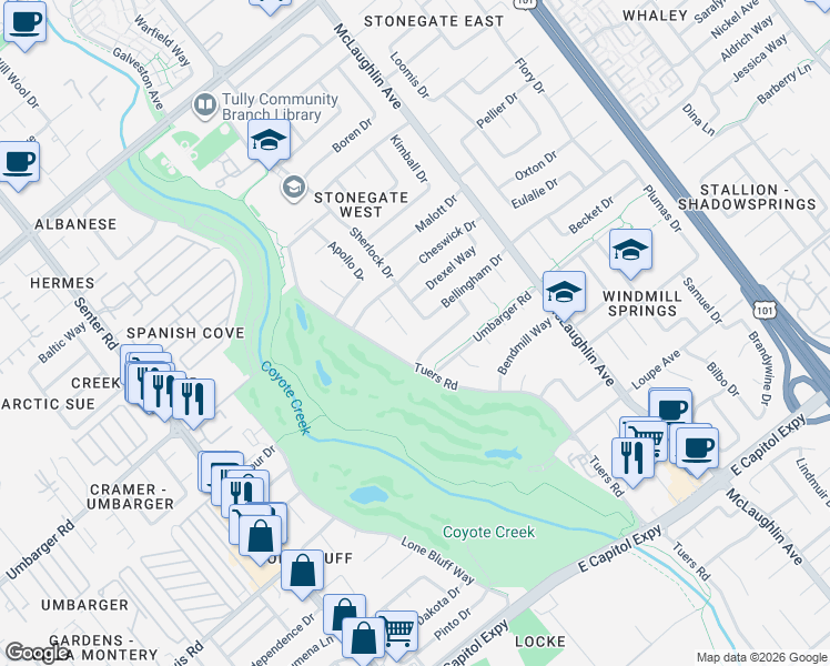 map of restaurants, bars, coffee shops, grocery stores, and more near 2740 Matthias Court in San Jose