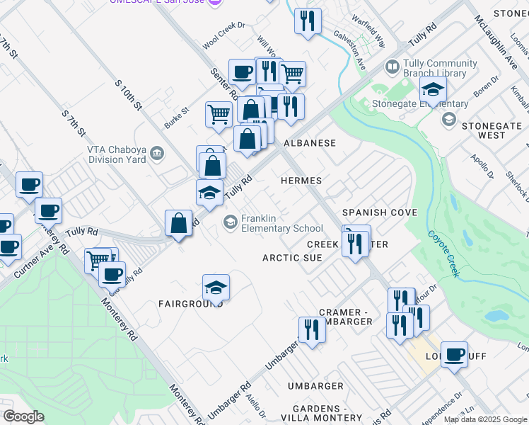 map of restaurants, bars, coffee shops, grocery stores, and more near 2600 Corde Terra Circle in San Jose