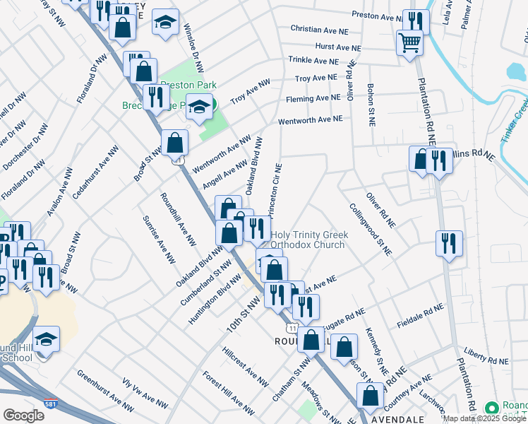 map of restaurants, bars, coffee shops, grocery stores, and more near 3448 Princeton Circle Northeast in Roanoke