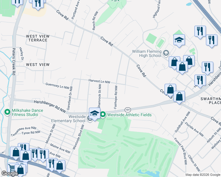 map of restaurants, bars, coffee shops, grocery stores, and more near 1628 Lancaster Drive Northwest in Roanoke