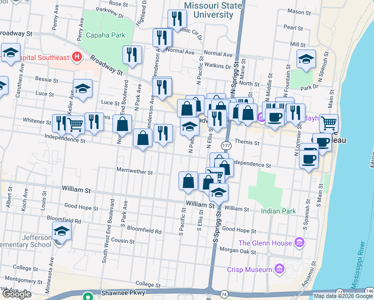 map of restaurants, bars, coffee shops, grocery stores, and more near 13 North Pacific Street in Cape Girardeau
