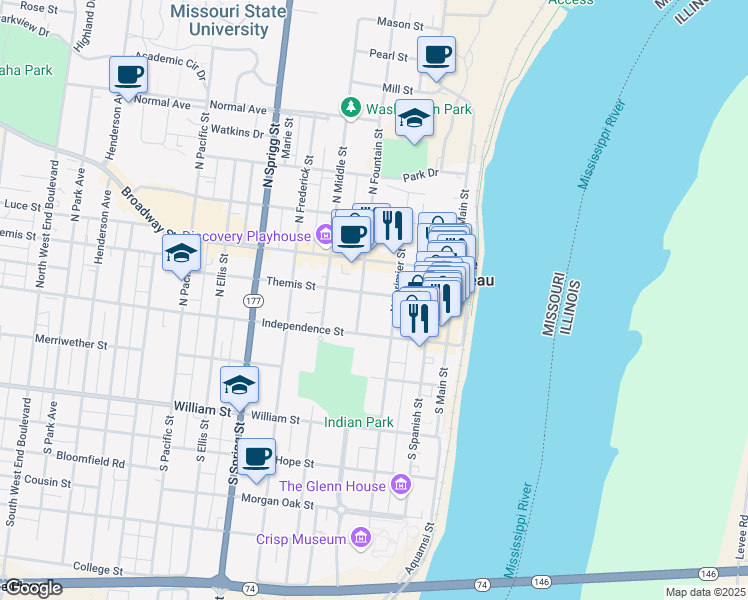 map of restaurants, bars, coffee shops, grocery stores, and more near 323 Themis Street in Cape Girardeau