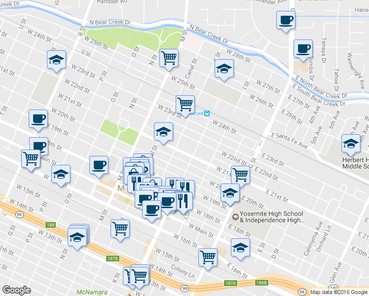 map of restaurants, bars, coffee shops, grocery stores, and more near 337 West 21st Street in Merced