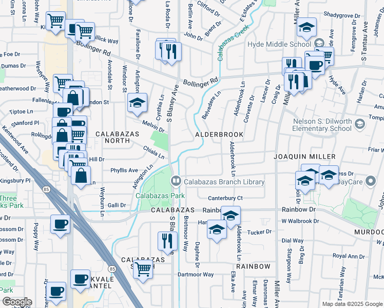 map of restaurants, bars, coffee shops, grocery stores, and more near 6717 Edgemoor Way in San Jose
