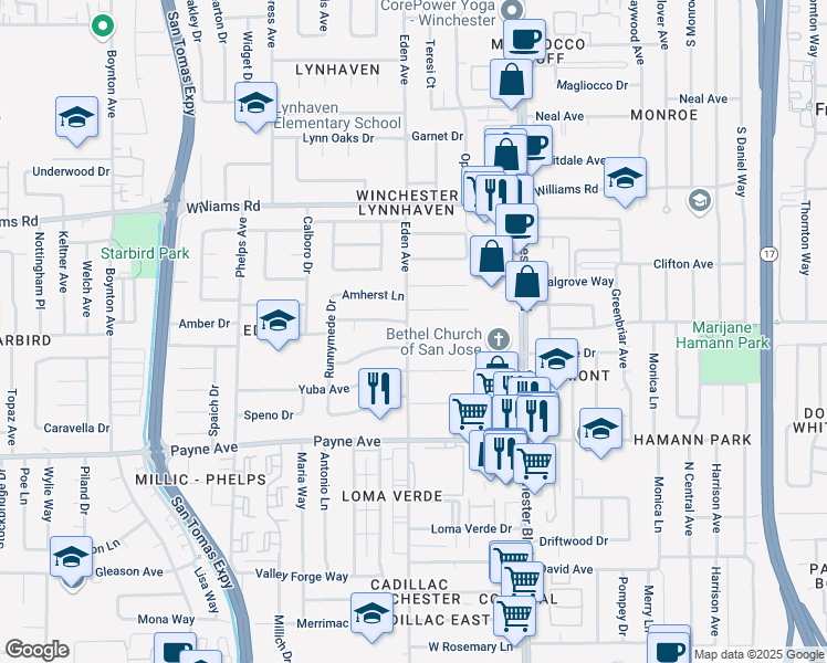 map of restaurants, bars, coffee shops, grocery stores, and more near 3241 Oriole Drive in San Jose