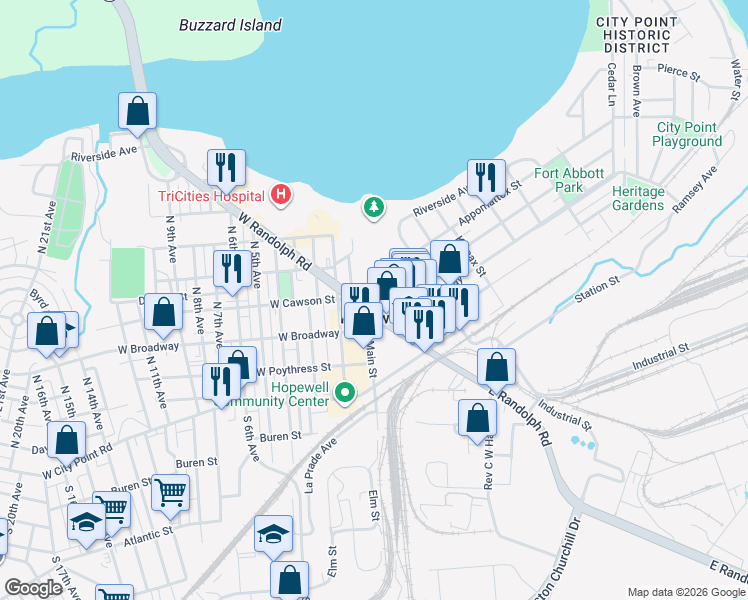 map of restaurants, bars, coffee shops, grocery stores, and more near 401 North Main Street in Hopewell