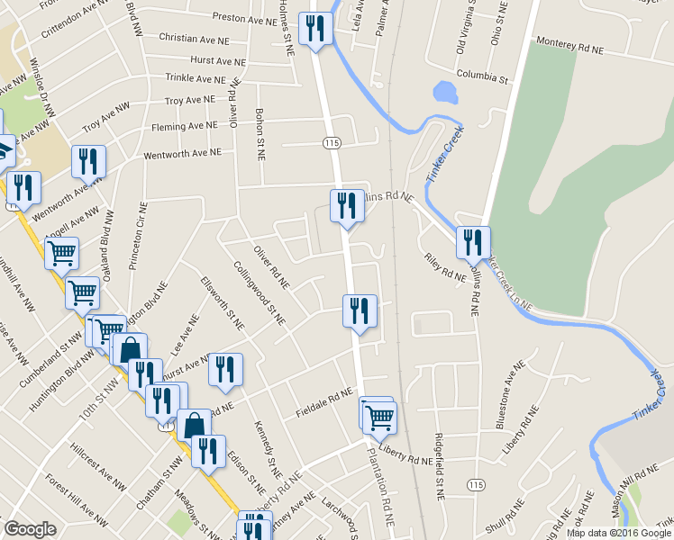 map of restaurants, bars, coffee shops, grocery stores, and more near 3222 Plantation Road Northeast in Roanoke