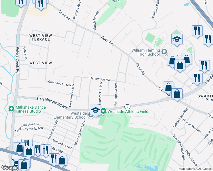 map of restaurants, bars, coffee shops, grocery stores, and more near 1628 Lancaster Drive Northwest in Roanoke