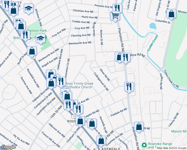 map of restaurants, bars, coffee shops, grocery stores, and more near 3330 Collingwood Street Northeast in Roanoke