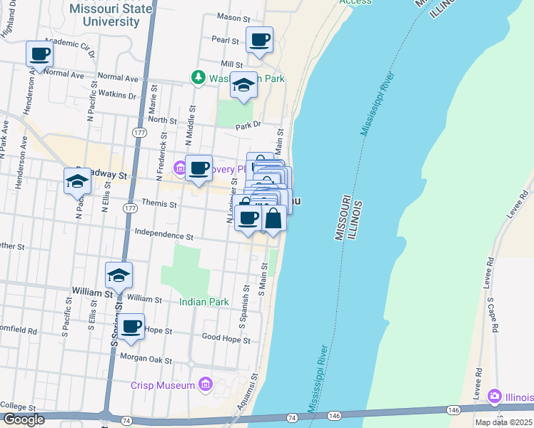 map of restaurants, bars, coffee shops, grocery stores, and more near 101 Main Street in Cape Girardeau
