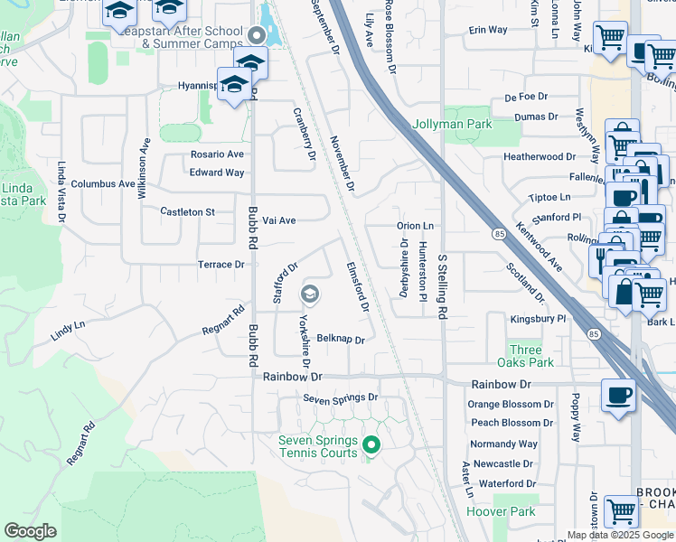 map of restaurants, bars, coffee shops, grocery stores, and more near 1139 Elmsford Drive in Cupertino