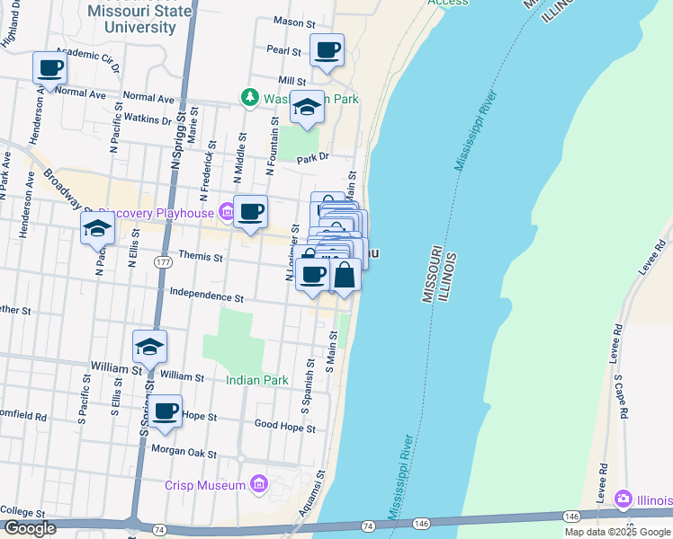 map of restaurants, bars, coffee shops, grocery stores, and more near 101 Main Street in Cape Girardeau