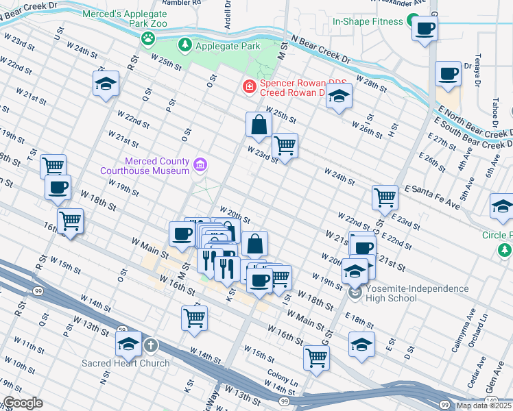 map of restaurants, bars, coffee shops, grocery stores, and more near 436 West 21st Street in Merced