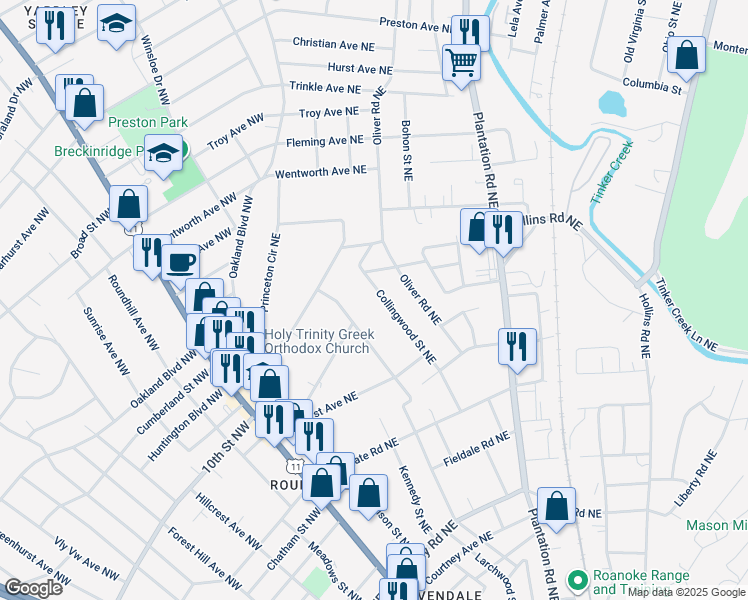 map of restaurants, bars, coffee shops, grocery stores, and more near 3330 Collingwood Street Northeast in Roanoke