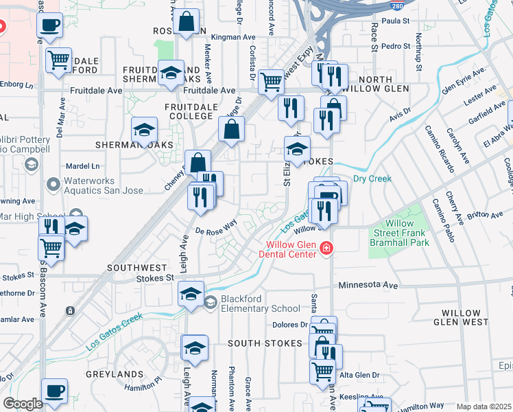 map of restaurants, bars, coffee shops, grocery stores, and more near 1375 Arbor Park Dr in San Jose