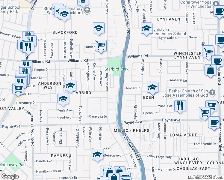 map of restaurants, bars, coffee shops, grocery stores, and more near 1140 Starbird Circle in San Jose