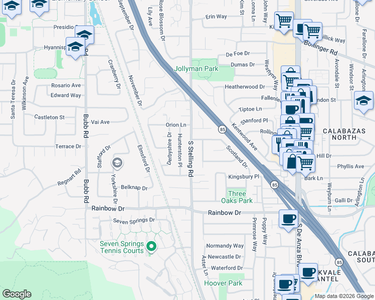 map of restaurants, bars, coffee shops, grocery stores, and more near 1121 South Stelling Road in Cupertino