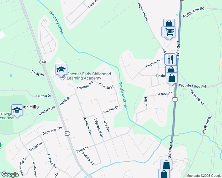 map of restaurants, bars, coffee shops, grocery stores, and more near 3203 Sylvania Place in Chester