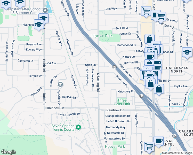 map of restaurants, bars, coffee shops, grocery stores, and more near 1121 South Stelling Road in Cupertino