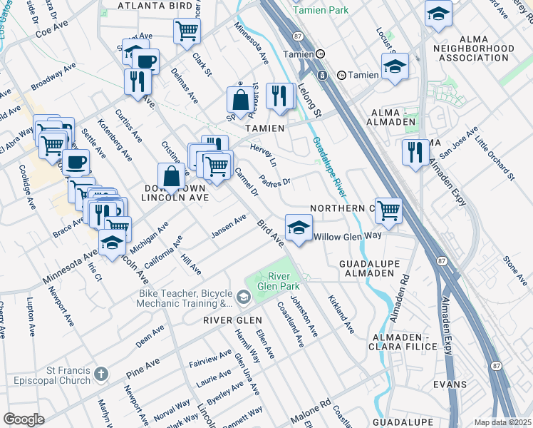 map of restaurants, bars, coffee shops, grocery stores, and more near 1540 Bird Avenue in San Jose