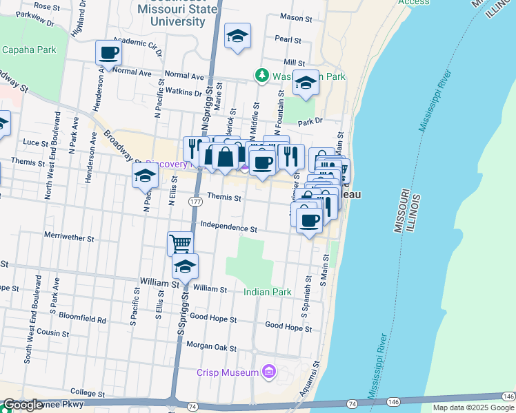 map of restaurants, bars, coffee shops, grocery stores, and more near 411 Themis Street in Cape Girardeau