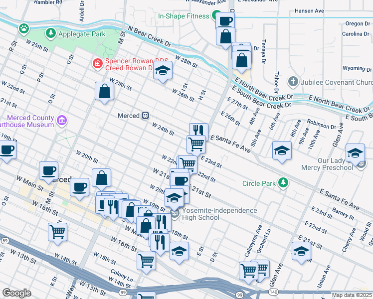 map of restaurants, bars, coffee shops, grocery stores, and more near 35 West 23rd Street in Merced
