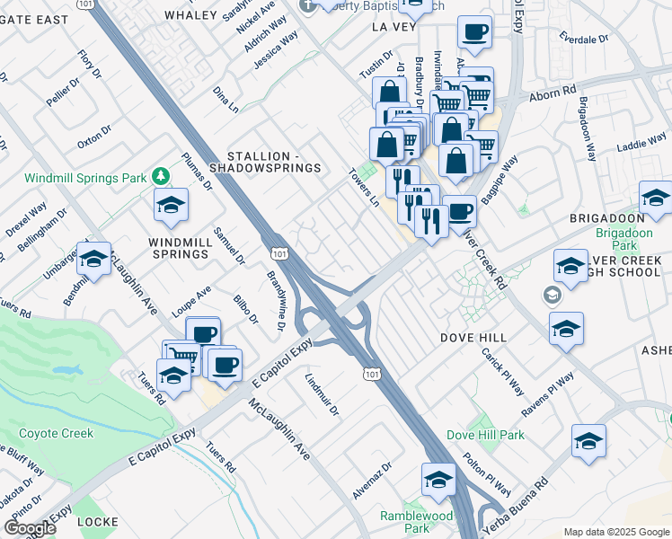 map of restaurants, bars, coffee shops, grocery stores, and more near 3327 Shadow Park Place in San Jose