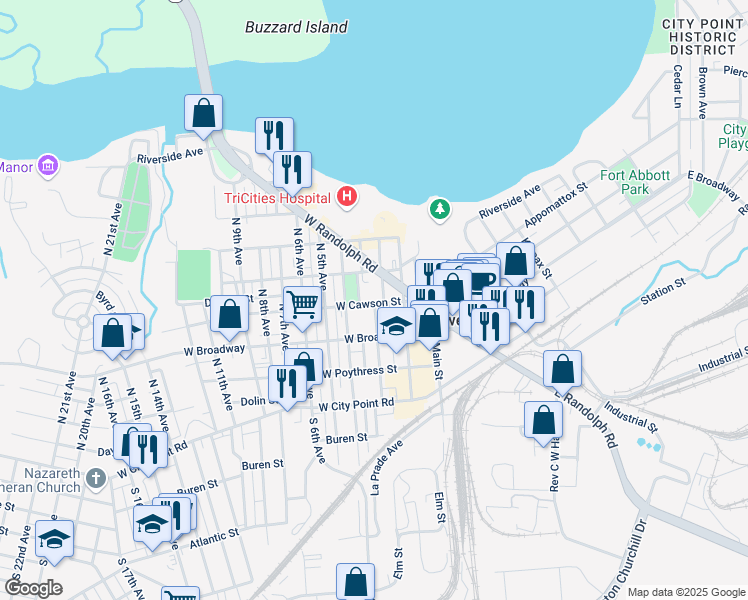 map of restaurants, bars, coffee shops, grocery stores, and more near 301 West Cawson Street in Hopewell