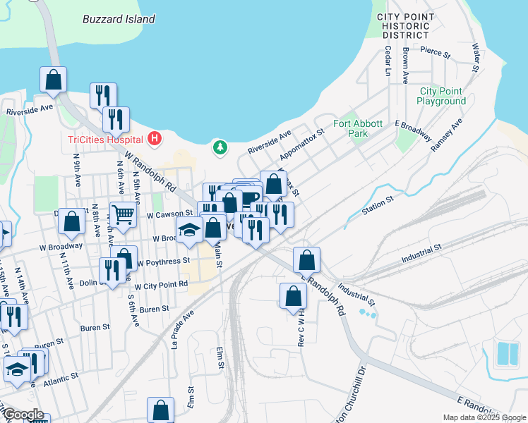 map of restaurants, bars, coffee shops, grocery stores, and more near 264 East Broadway in Hopewell