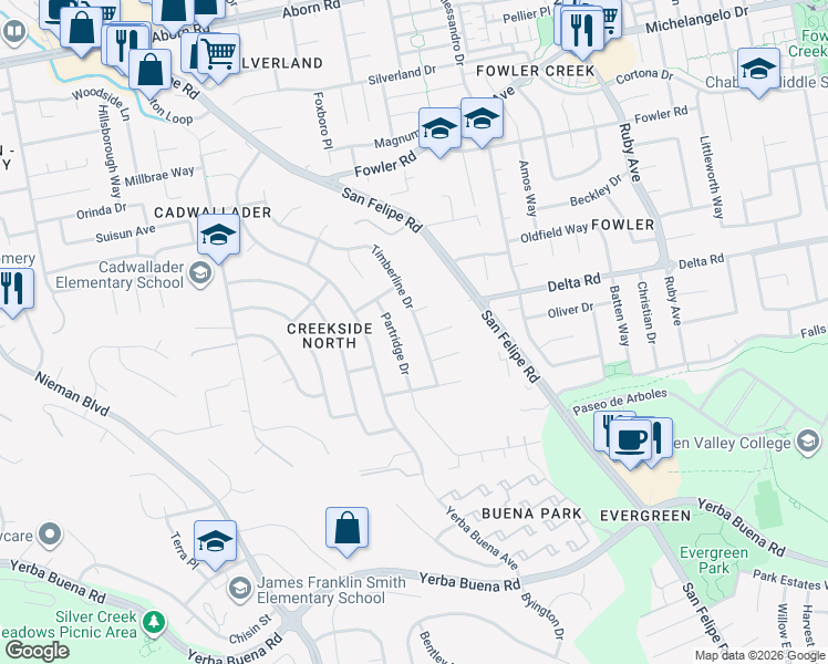 map of restaurants, bars, coffee shops, grocery stores, and more near 4089 Timberline Drive in San Jose