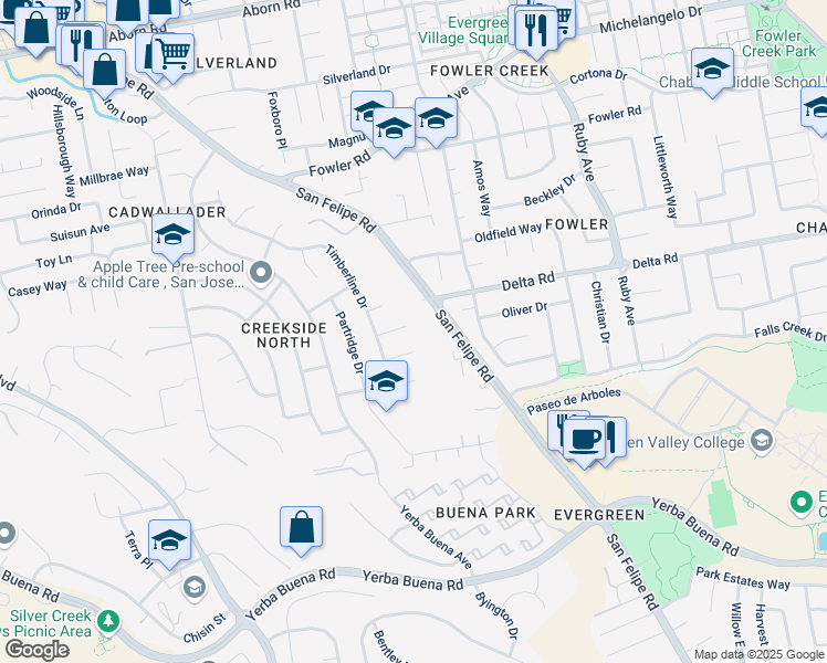 map of restaurants, bars, coffee shops, grocery stores, and more near 2866 Pinecrest Court in San Jose