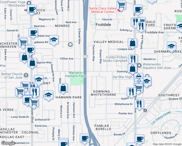 map of restaurants, bars, coffee shops, grocery stores, and more near 2550 Downing Avenue in San Jose