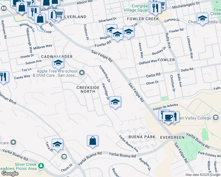 map of restaurants, bars, coffee shops, grocery stores, and more near 4089 Timberline Drive in San Jose
