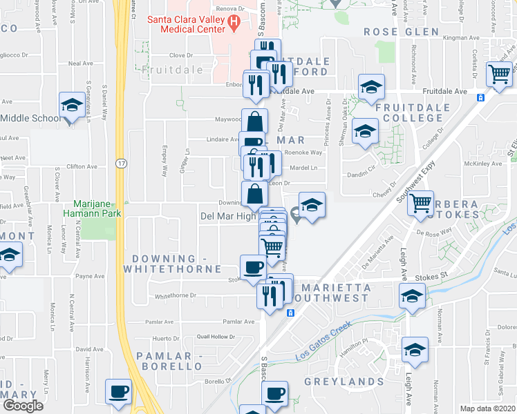 map of restaurants, bars, coffee shops, grocery stores, and more near 1165 South Bascom Avenue in San Jose