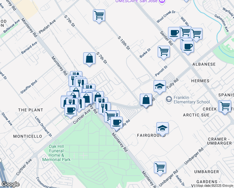 map of restaurants, bars, coffee shops, grocery stores, and more near 2150 Monterey Road in San Jose