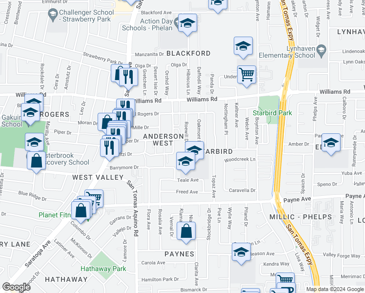map of restaurants, bars, coffee shops, grocery stores, and more near 1137 Roewill Drive in San Jose