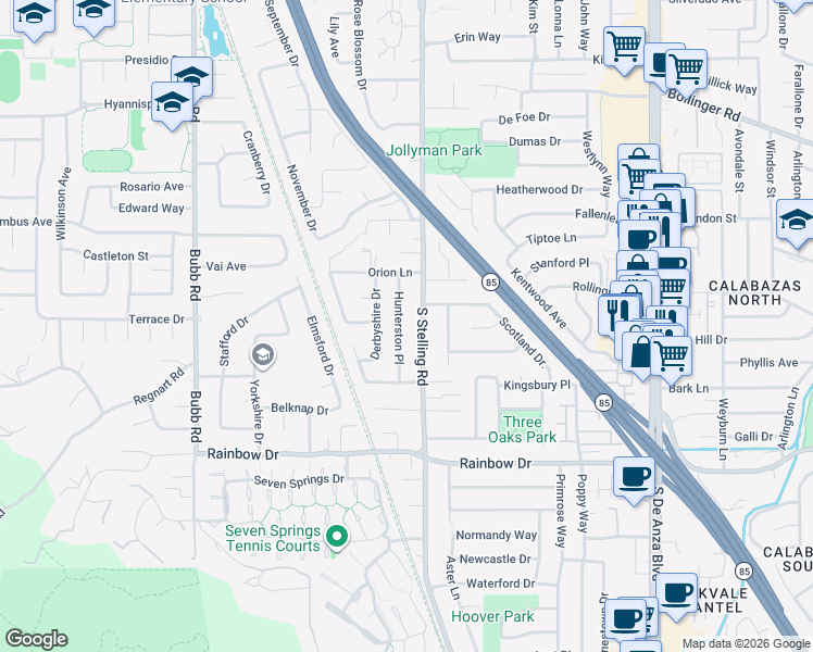 map of restaurants, bars, coffee shops, grocery stores, and more near 1121 South Stelling Road in Cupertino