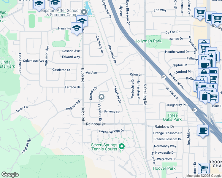 map of restaurants, bars, coffee shops, grocery stores, and more near 1139 Elmsford Drive in Cupertino
