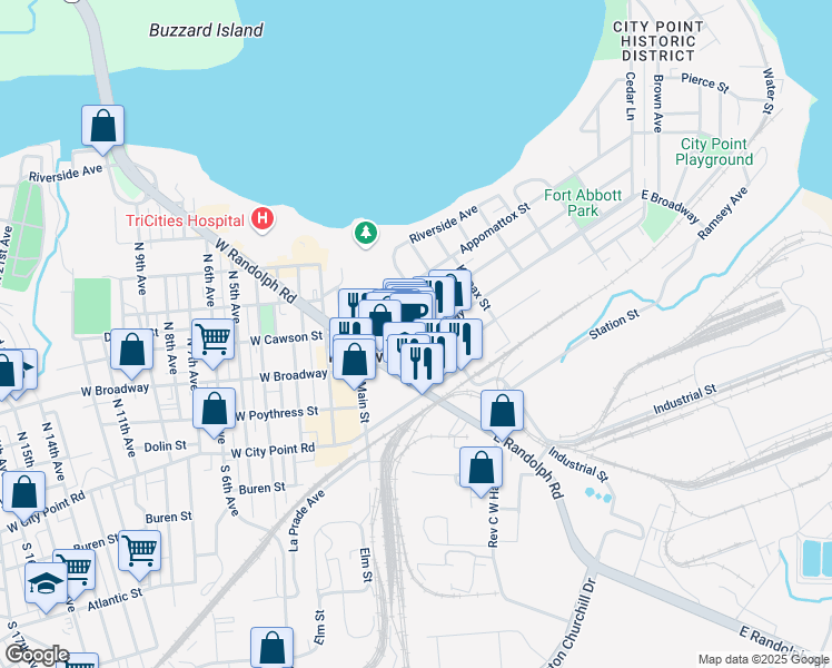 map of restaurants, bars, coffee shops, grocery stores, and more near 264 East Broadway in Hopewell