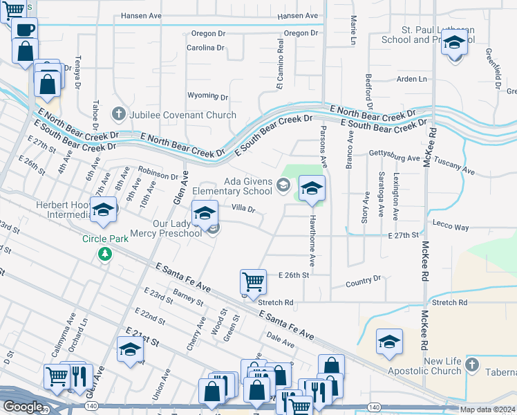 map of restaurants, bars, coffee shops, grocery stores, and more near 1403 Villa Drive in Merced