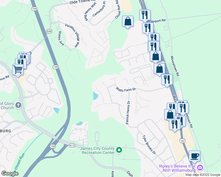 map of restaurants, bars, coffee shops, grocery stores, and more near 404 Magnolia Drive in Williamsburg