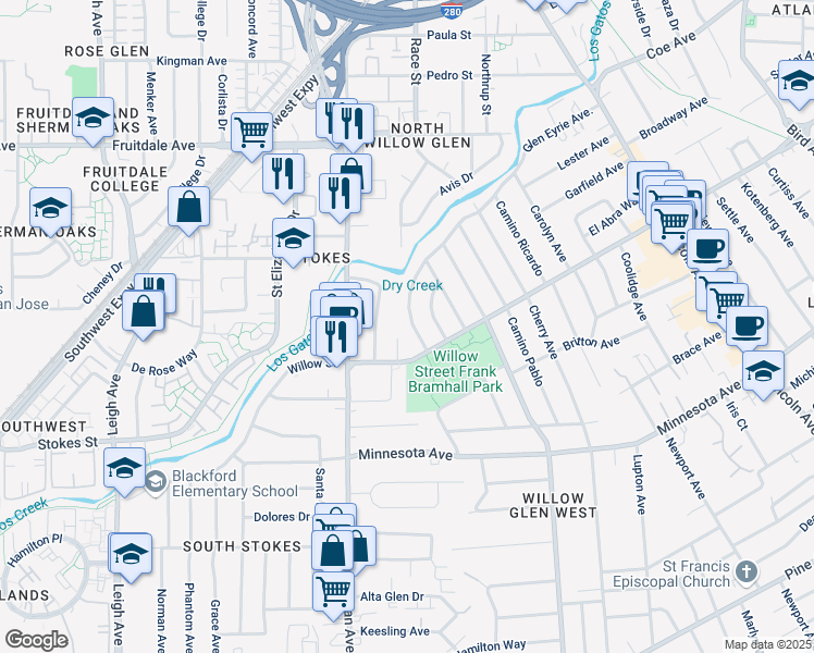 map of restaurants, bars, coffee shops, grocery stores, and more near 1333 Glen Eyrie Avenue in San Jose