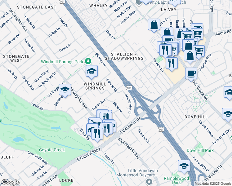 map of restaurants, bars, coffee shops, grocery stores, and more near 1346 Loupe Avenue in San Jose