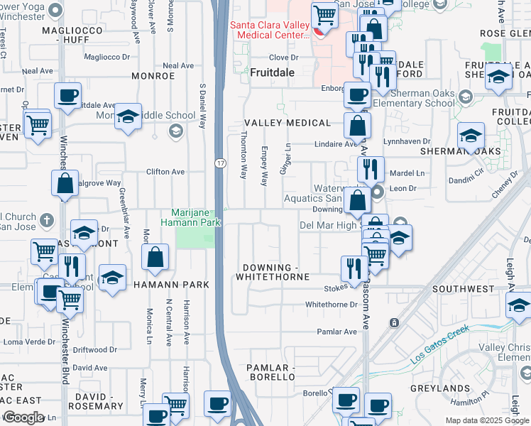 map of restaurants, bars, coffee shops, grocery stores, and more near 2490 Downing Avenue in San Jose