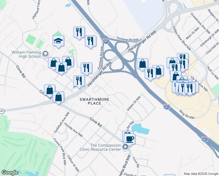 map of restaurants, bars, coffee shops, grocery stores, and more near 3018 Kirkland Drive Northwest in Roanoke