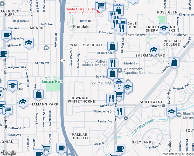 map of restaurants, bars, coffee shops, grocery stores, and more near 588 Downing Avenue in San Jose