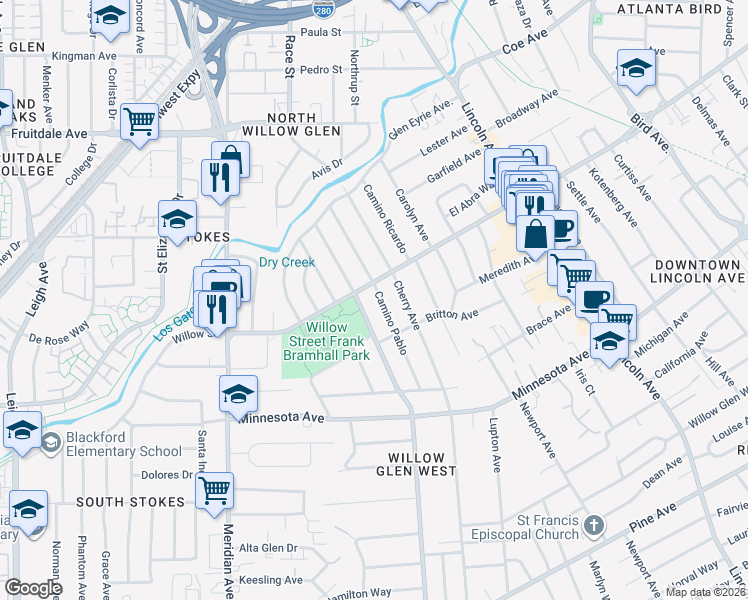 map of restaurants, bars, coffee shops, grocery stores, and more near 1125 Camino Pablo in San Jose