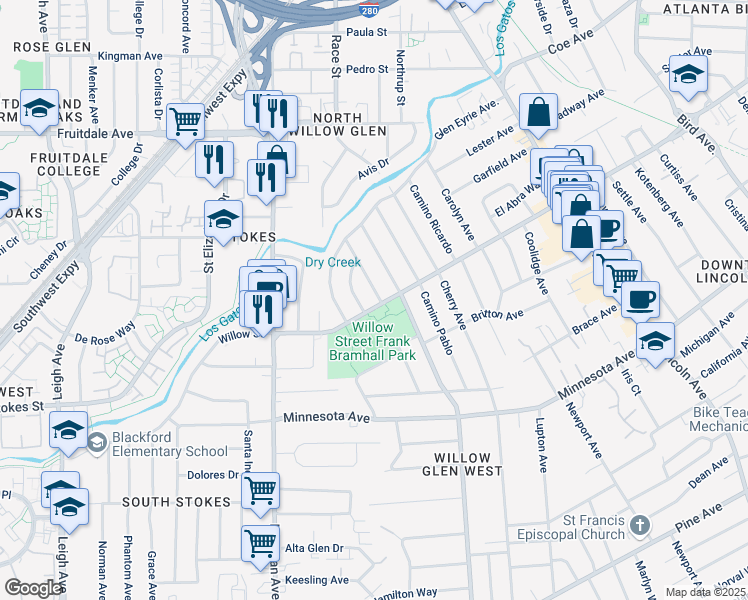 map of restaurants, bars, coffee shops, grocery stores, and more near 1091 Glen Brook Avenue in San Jose
