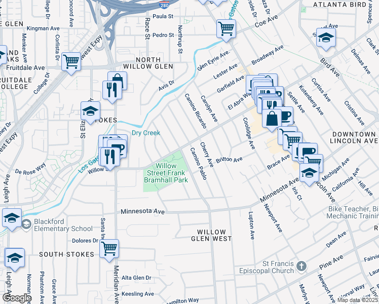 map of restaurants, bars, coffee shops, grocery stores, and more near 1125 Camino Pablo in San Jose